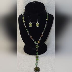 CATO Green, Tan and Cream Beaded Necklace and Drop Earrings Set / Pierced